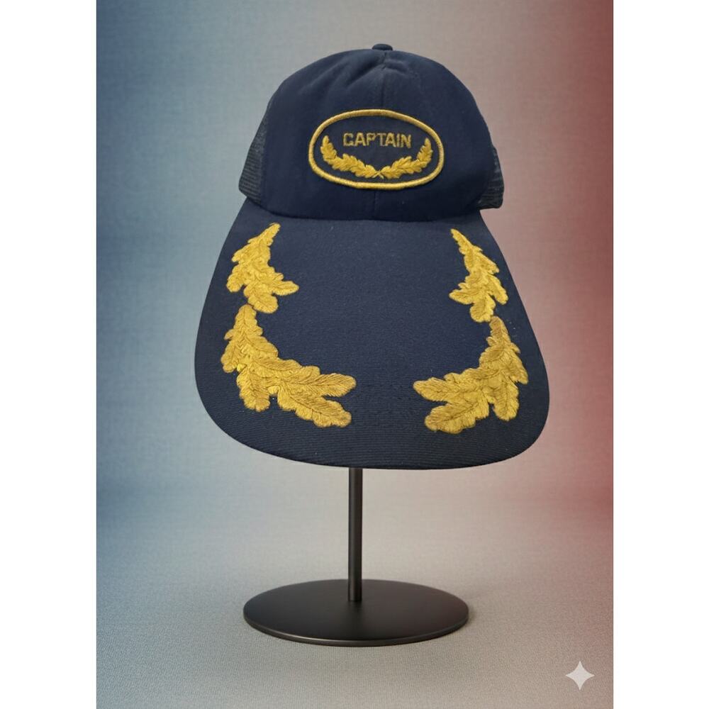 Vintage Captain Navy Gold Extra Long Bill Embroidered Detail Adjustable Cap Hat